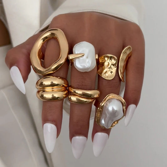 Ingemark 6‑Piece Boho Pearl & Metal Ring Set