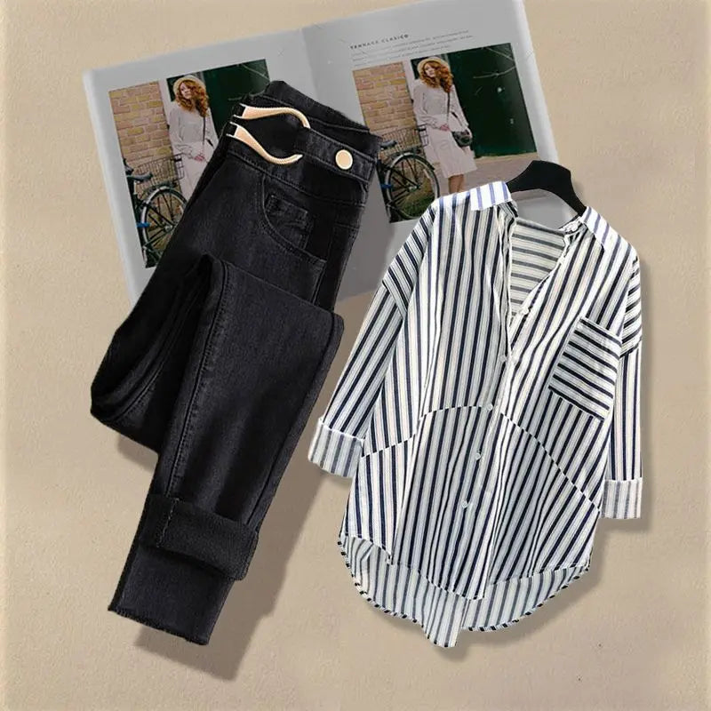 Women Spring/Summer New Matching Set 2025 Korean Elegant Striped Shirt Top+Jeans Two Piece Female Loose Blouse Denim Pants Suit
