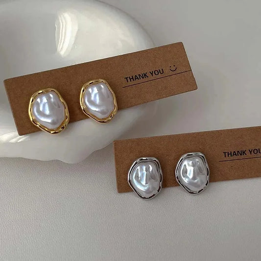 Geometric Irregular Round Metal Pearl Earrings for Women 2025 Minimalist Style Personality Earrings Trendy Jewelry Gift
