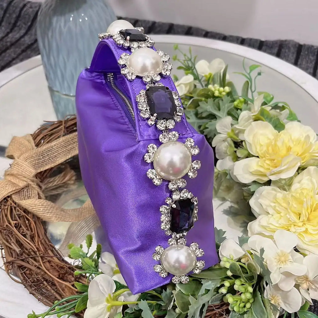 Luxury Designer Pearl Beaded Satin Hobo Bag Women Handbag Rhinestone Diamond Evening Bag Wedding Party Clutch Purse Shoulder Bag