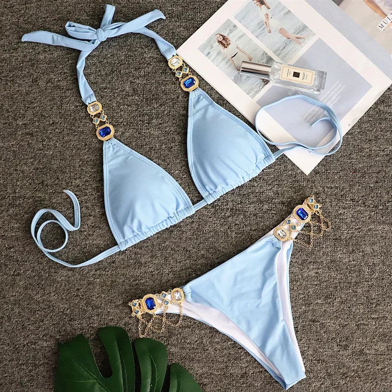 Women’s 2026 Rhinestone Diamond Bikini – Halter Chain Two‑Piece Swimsuit, Sexy Shiny Brazilian Swimwear