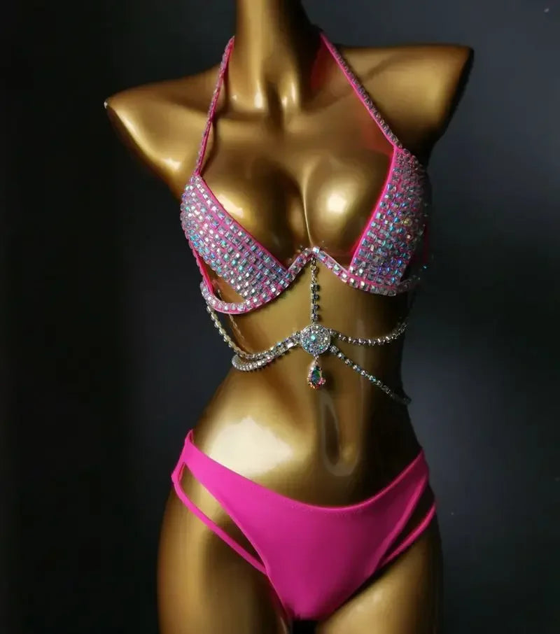 Diamante Bikini Sexy Nightclub Bar DJ Pole Dancing Bikini Sparkly Rhinestones Bra Shorts 2-Piece Set Party Performance Costume