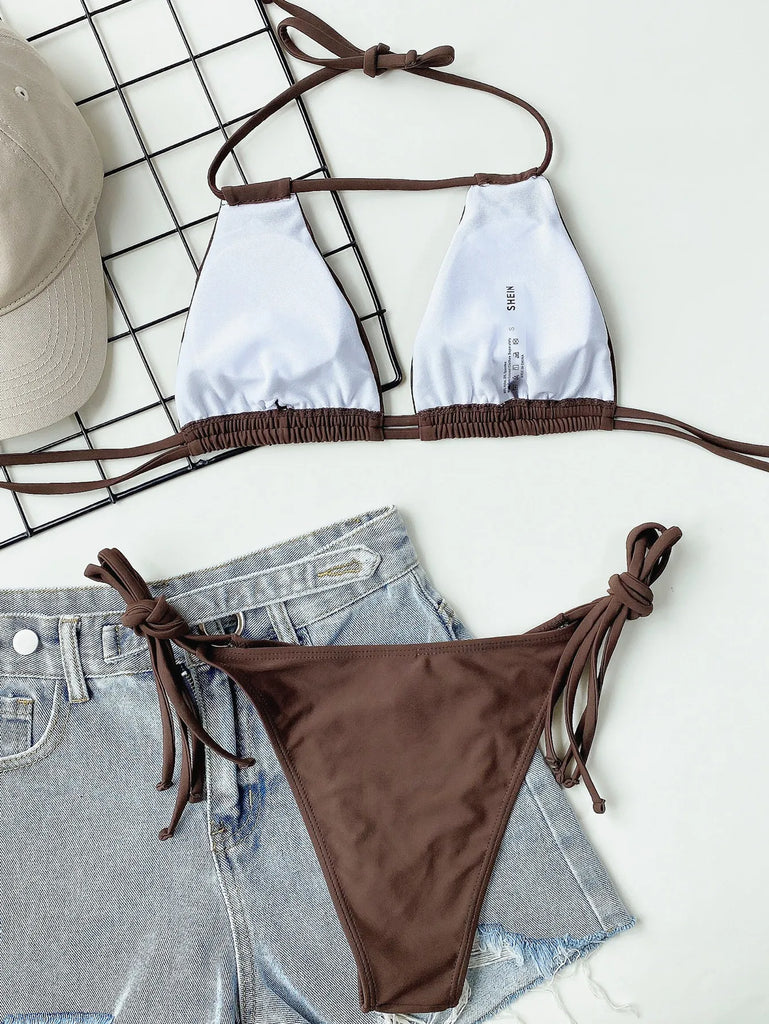 2025 Sexy Solid Bandage Bikini Halter Strappy Swimwear Women Swimsuit Female Two Pieces Bikini Set Low Waist Bathing Suit Bather