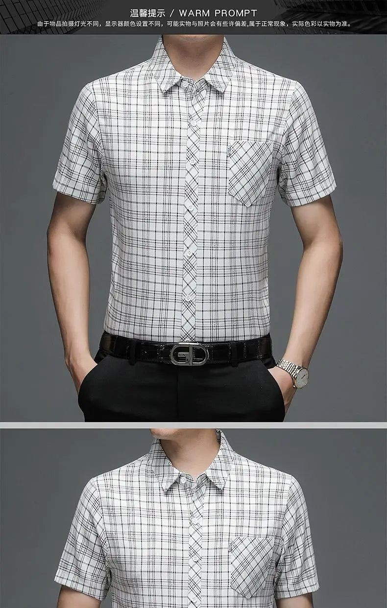 Grey Plaid Short‑Sleeve Button‑Down Shirt