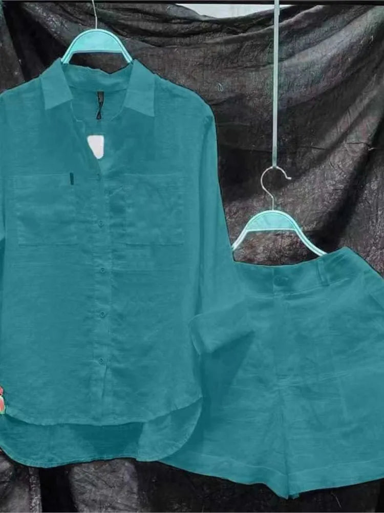 Spring Summer Short Set Women Fashion Green Casual Long Sleeve Shirt Top 2 Piece Set Female Holiday Solid New Suit Lady Clothing
