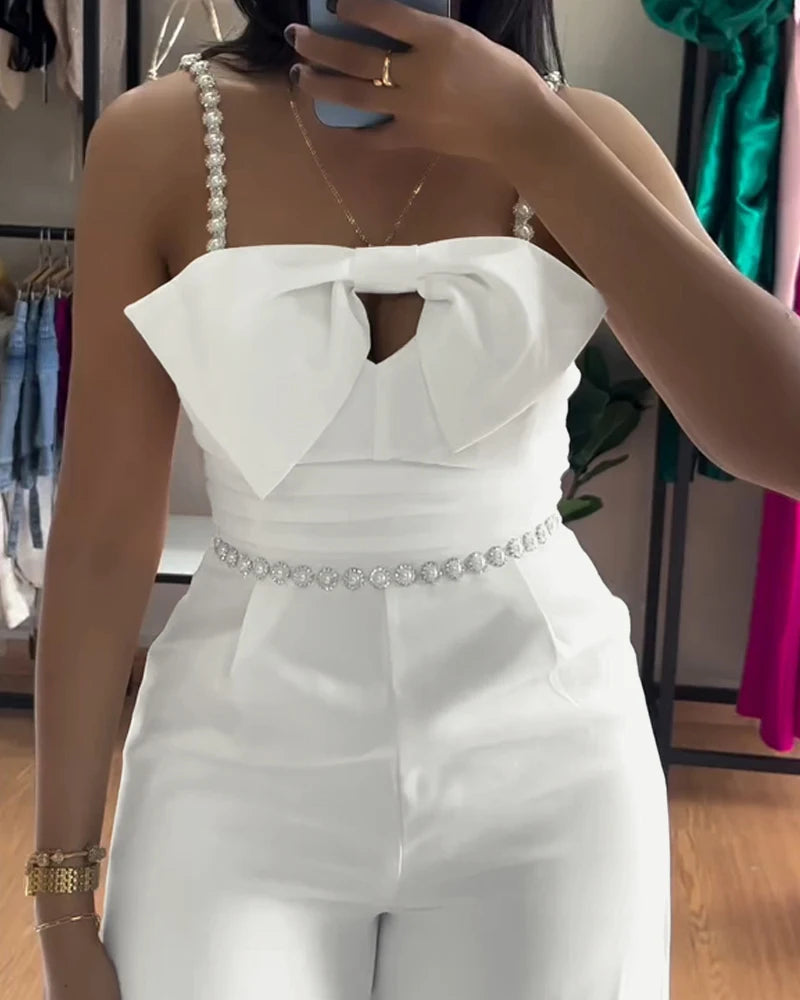 Jumpsuit Women 2025 Spring New Bandeau Beaded Spaghetti Strap Bowknot Design Ruched Slim Fit Jumpsuit Elegant Wide-Leg Overall