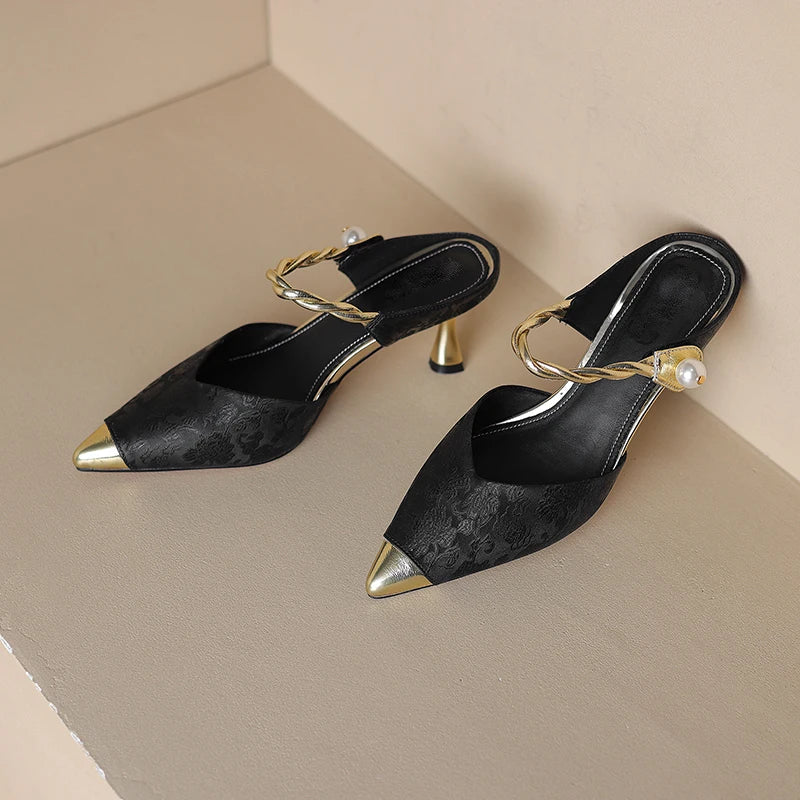 Pointed Toe Pearl Slingback Sandals