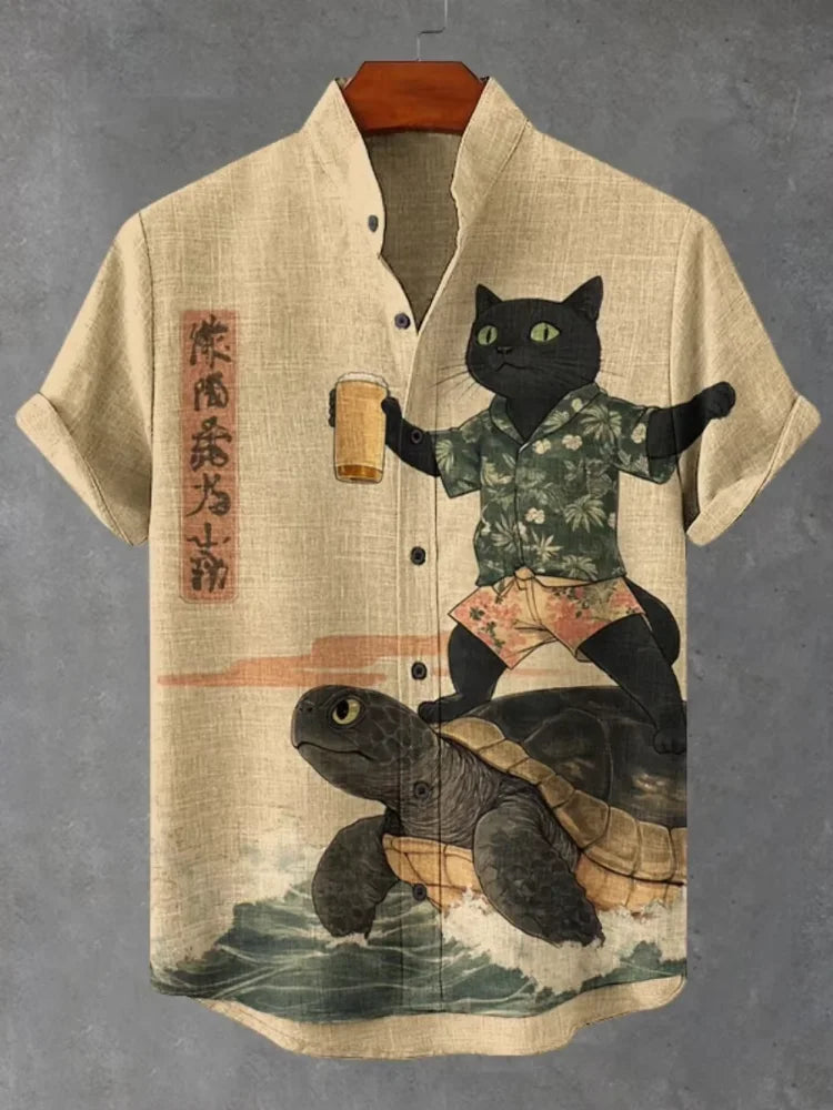 Men's Retro Cat Shirt Funny Calligraphy Dinosaur Volcanic Eruption Print Short Sleeve Holiday Outwear Vintage Japanese Clothing