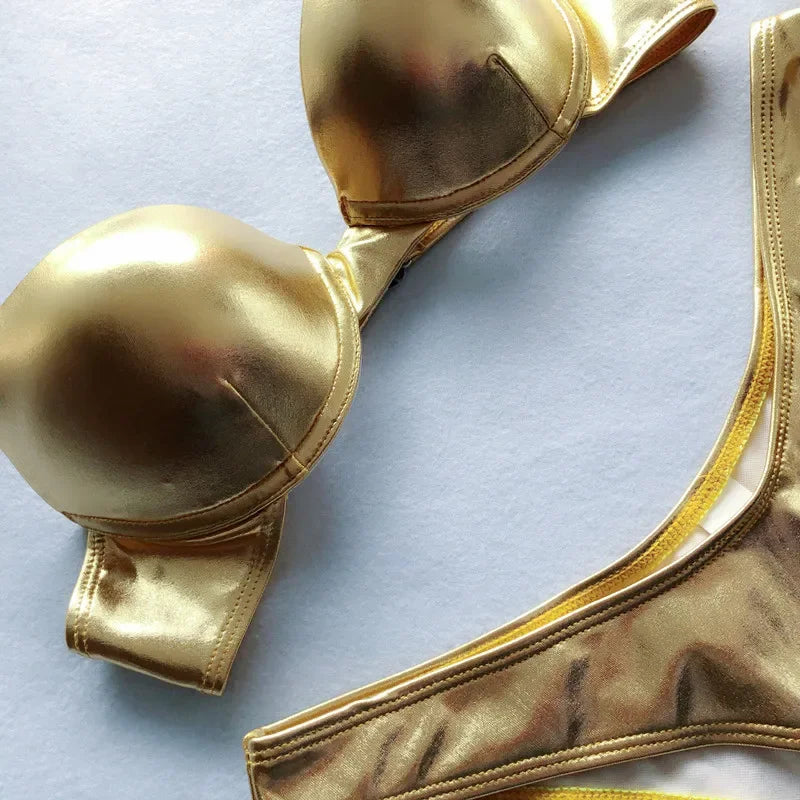 Metallic Push‑Up Thong Bikini