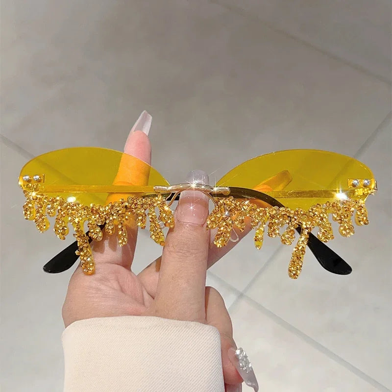 KAMMPT Rimless Tear Shaped Sunglasses with Rhinestones Women Fashion Decorative Shades Trendy Stylish Design Rave Sun Glasses