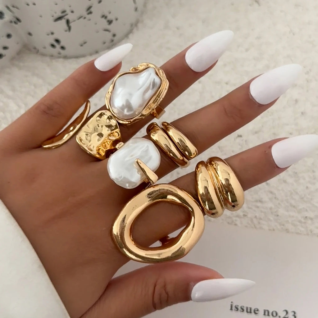 Ingemark 6‑Piece Boho Pearl & Metal Ring Set