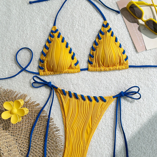 Halter Wrinkled Weave Bikini Set Women Swimwear Female Swimsuit Two Pieces Bikini Set Brazilian Bathing Suit Swim Beach Wear