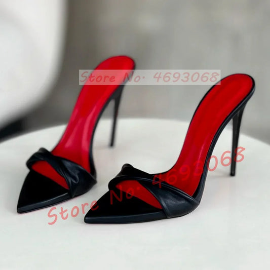 Black Twist Strap Stiletto Mules Women Sexy Red Insole High Heels Ponted Toe Slippers Ladies Stylish Outside Catwalk Party Shoes
