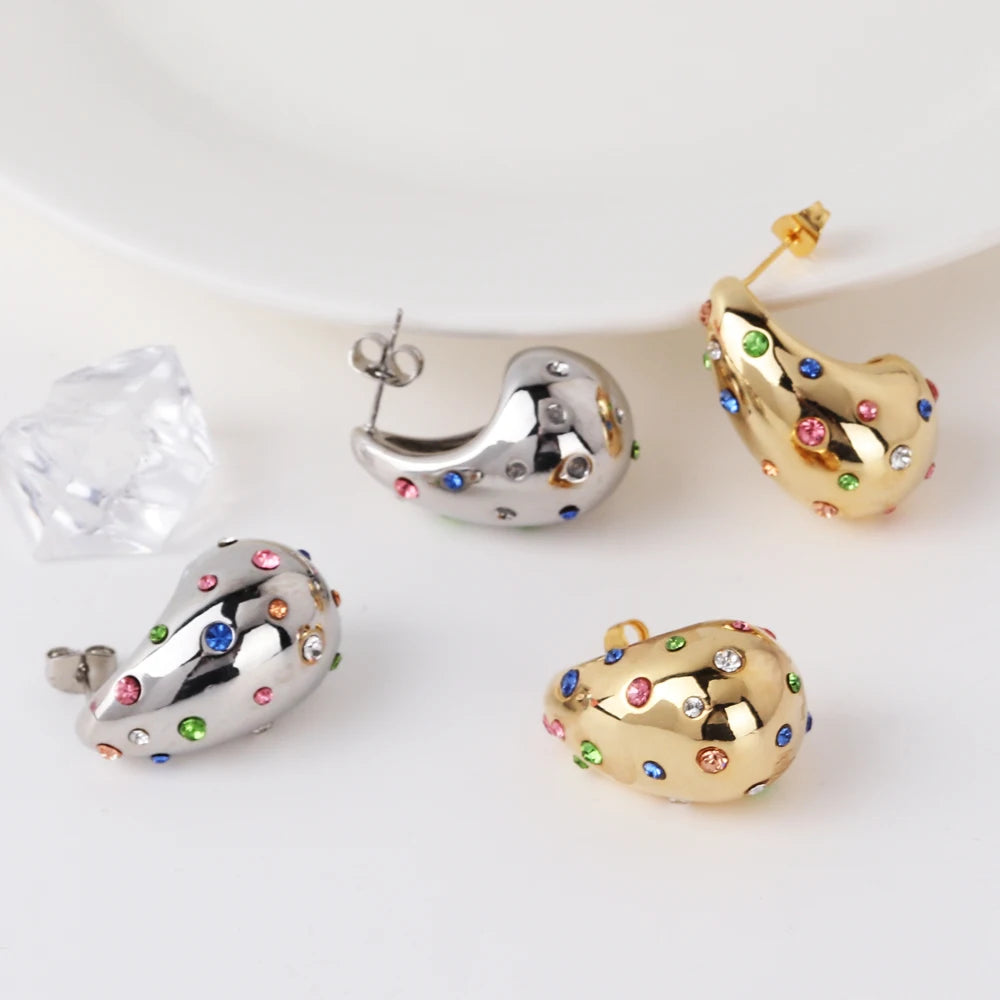 Waterproof 18K PVD Gold Teardrop Stud Earrings — Stainless Steel Inlay Bead Elegant Drop Earrings for Women