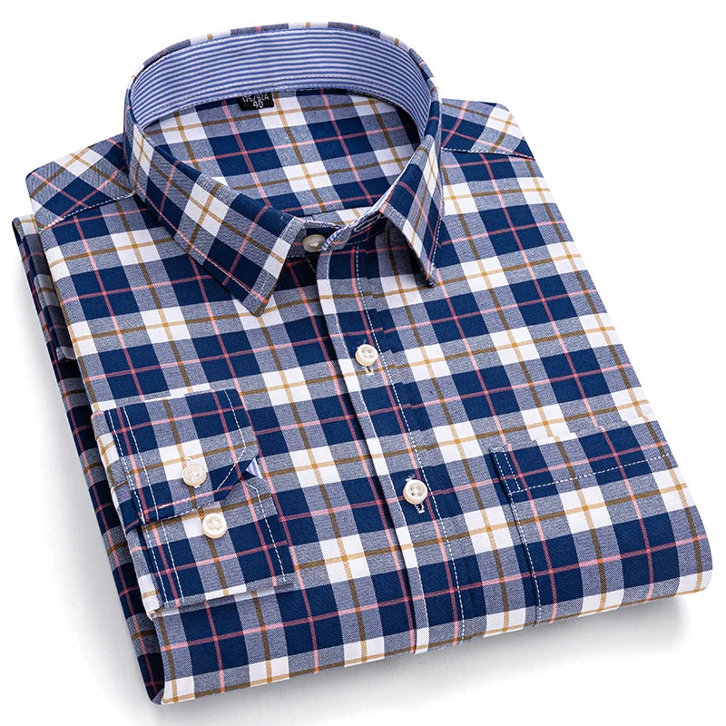 2024 New Quality Men's Social Shirt Long Sleeve 100% Pure Cotton Oxford Soft Plaid Formal Male Clothes Oversized Shirt S-7XL