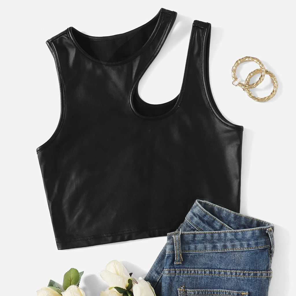 Women's Black Tops Asymmetrical Hollow Out Camisoles PU Leather Bare Midriff Cropped Tops Mujer Slim Fit Streetwear Summer Vest