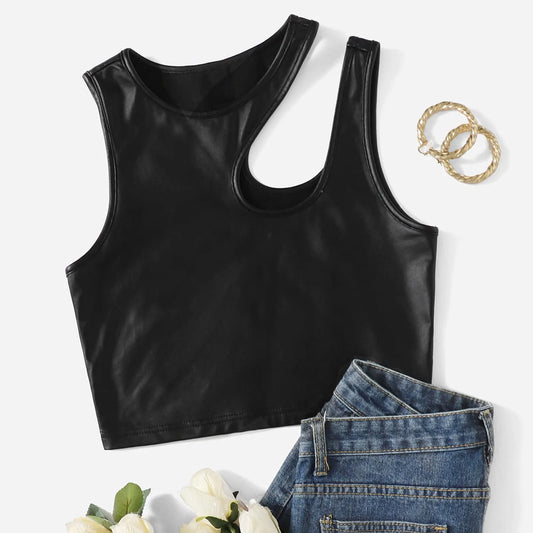 Women's Black Tops Asymmetrical Hollow Out Camisoles PU Leather Bare Midriff Cropped Tops Mujer Slim Fit Streetwear Summer Vest