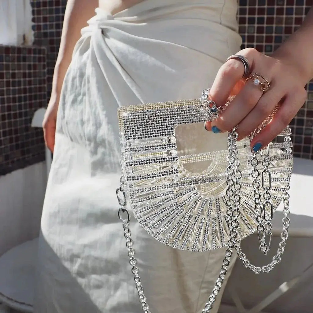﻿JIOMAY Half Moon Bag Rhinestone Purse Luxury Designer Handbags  Fan-Shaped   for Women |  Mini Shiny Basket Crystal Wedding Bag