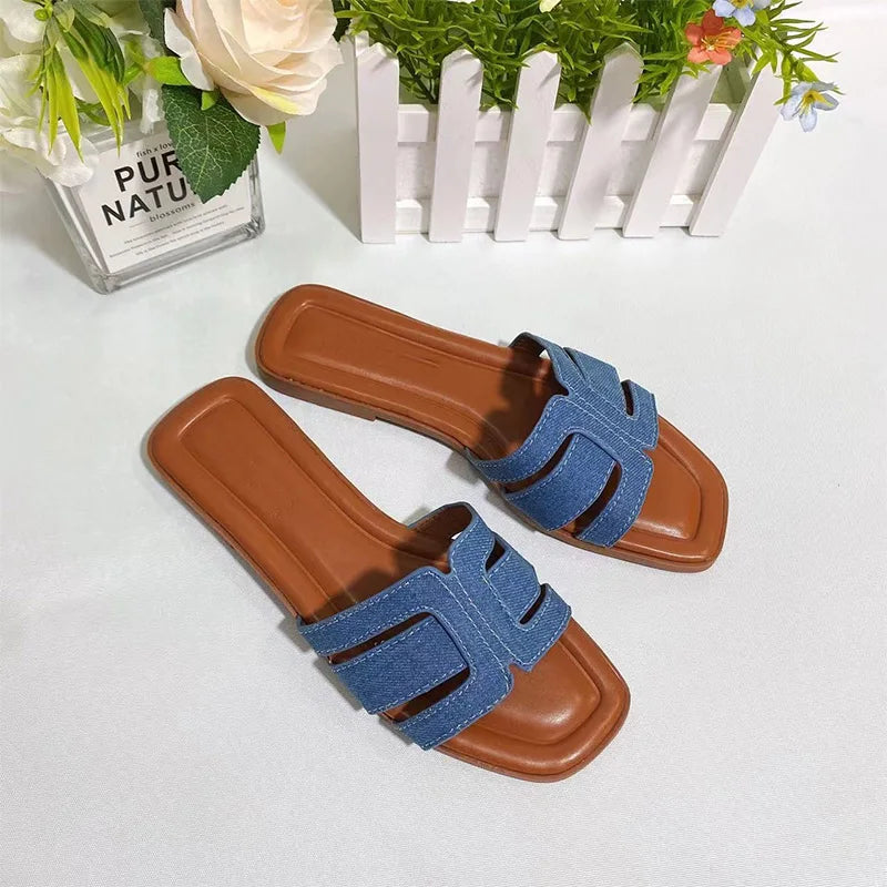 Women’s French Square Toe Slides — Multicolor H‑Slippers Summer Beach Sandals High‑Quality Designer Style
