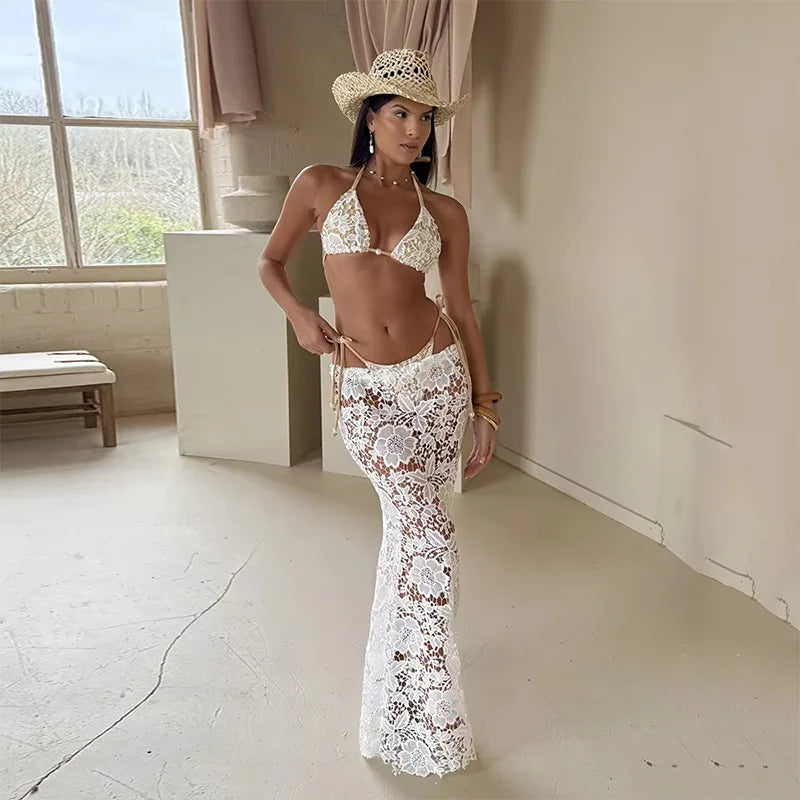 Women’s 2025 Vintage Halter 3‑Piece Bikini Set – Lace Swimsuit with Matching Skirt