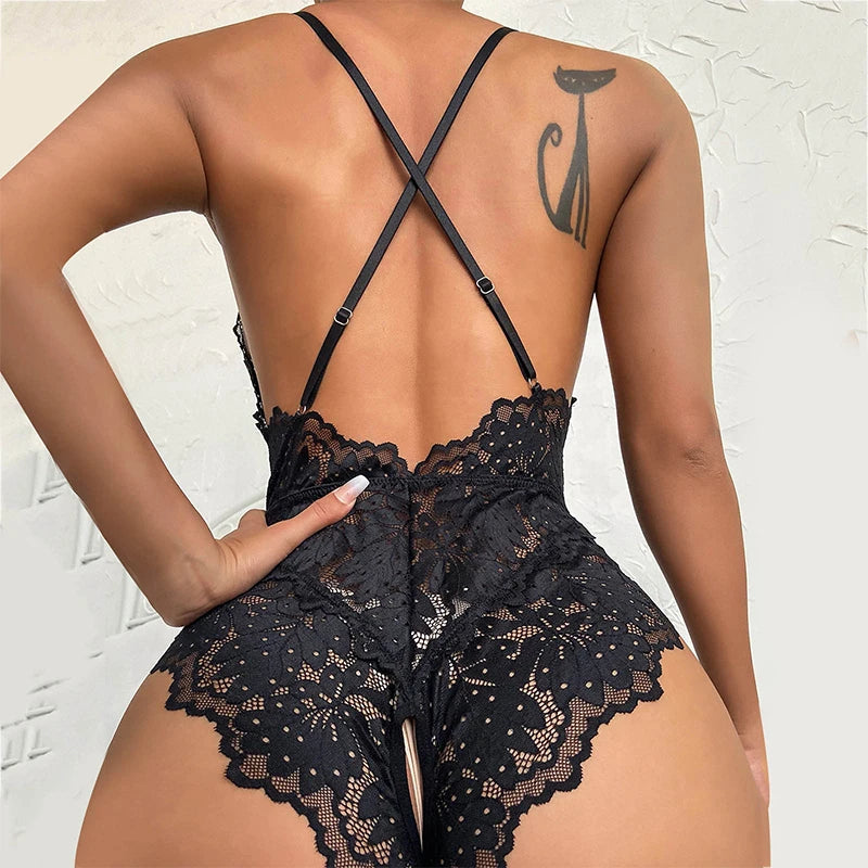 Women’s Lace Lingerie Set – Sheer Deep‑V Bra & Matching Bodysuit