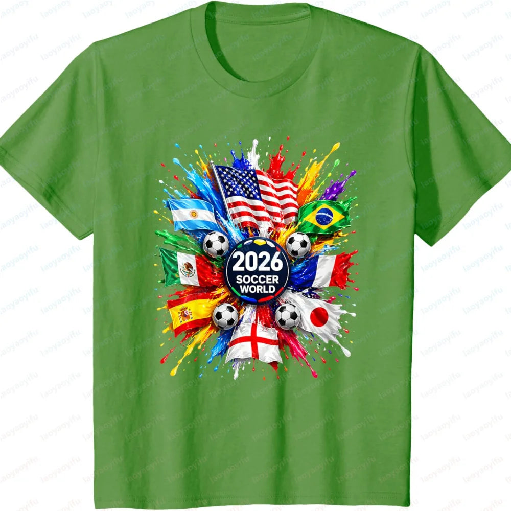 Men’s 2026 Soccer T‑Shirt — World Flag Color Splash Football Print Crew Neck Tee