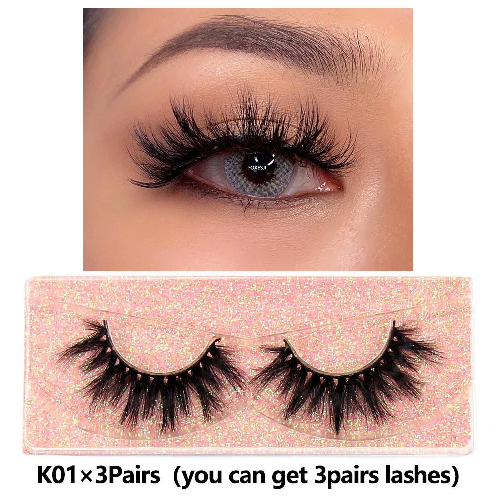 FOXESJI 3Pairs 3D Mink Lashes Fluffy Wispy Soft Corss Mink Fake Eyelashes Reusable Lash Extension Thick False Eyelashes Makeup