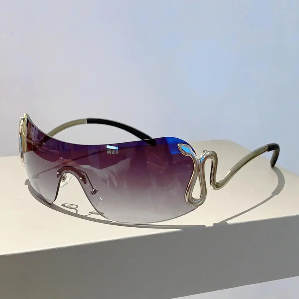 KLASSNUM Women Y2k Rimless Sunglasses Snake Metal Legs Eyewear Stylish Monoblock Gradient Outdoor Shades Trendy Brand Goggles