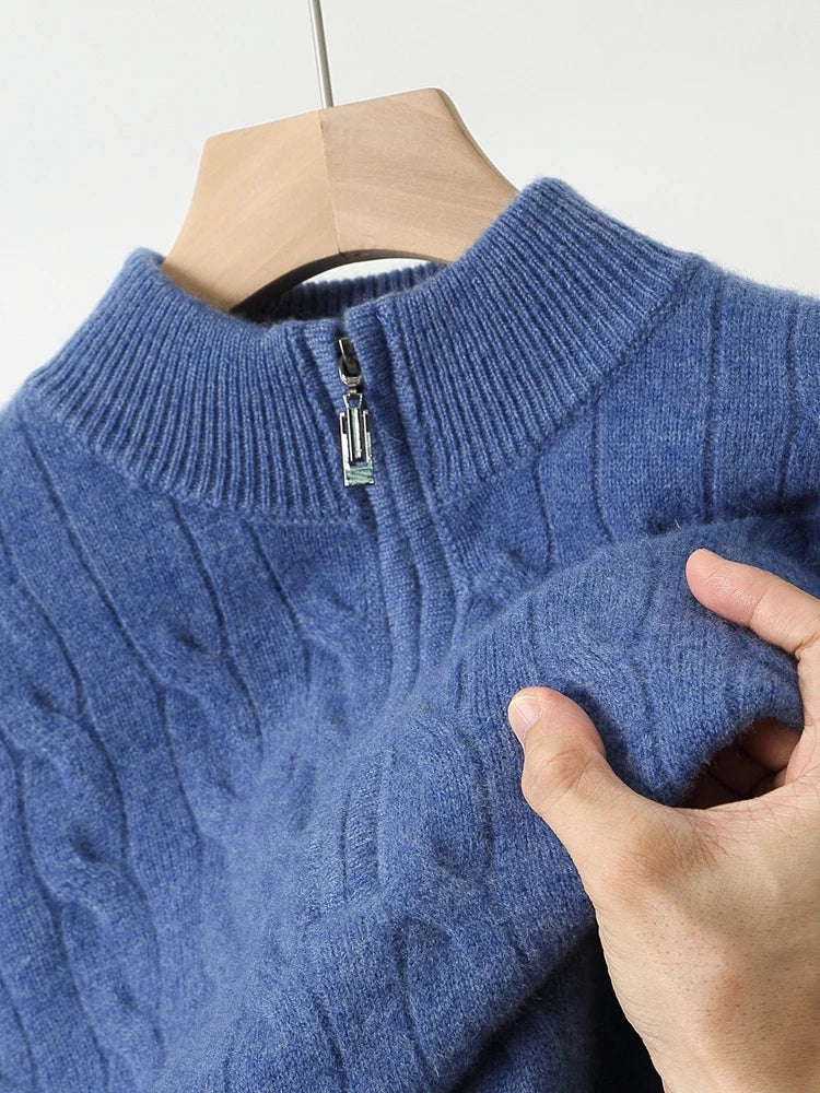 Autumn Winter Men Half Zippers 100% Merino Wool Sweater Thicken Twist Flower Pullover Retro Casual Cashmere Knitwear Solid Tops