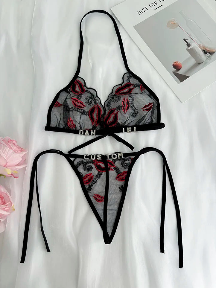 Custom Name Crystal Letter Lace Lingerie Set