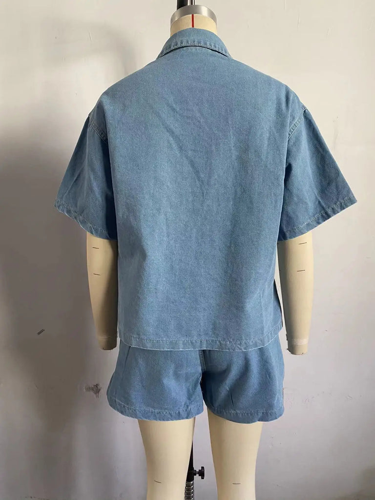 Women 2pcs Clothes Set Denim Short Sleeve Jacket Coat Shirt & High Waist Shorts Pants Jeans Sexy