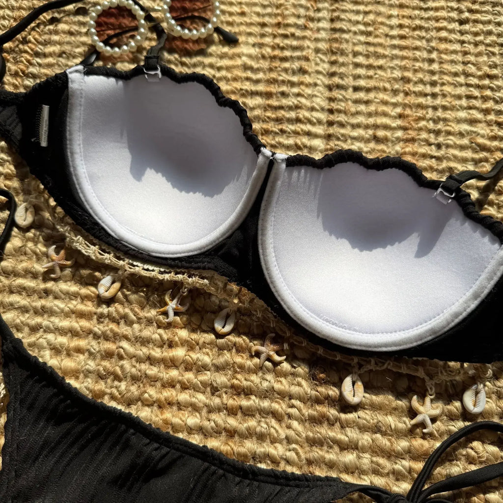 Women’s White Shell Bikini Set – Ruffled Push‑Up Underwire Thong Swimsuit with Starfish Ornaments 2025