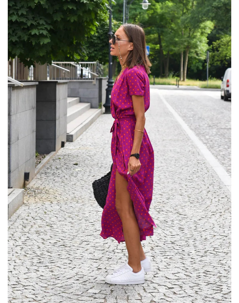 Summer Polka Dot Split Hem Long Dress Women 2023 New Fashion V Neck Print Sundress Vestidos Short Sleeved Waisted Lace-up Dress