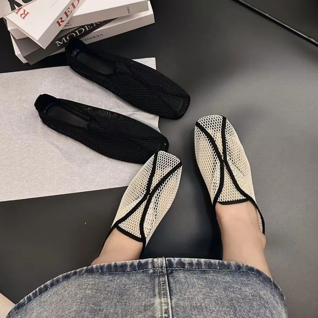 Hollowed-out Mesh Sandals for Women - Summer One-Piece Square-Toe Flat Mary Jane Sandals