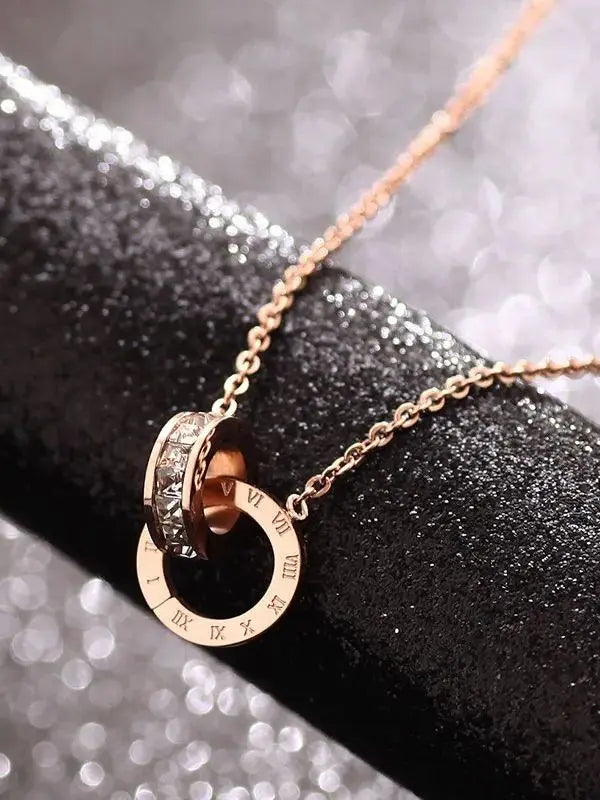 L91 new stainless steel rose gold square diamond Roman numeral double-buckle short necklace