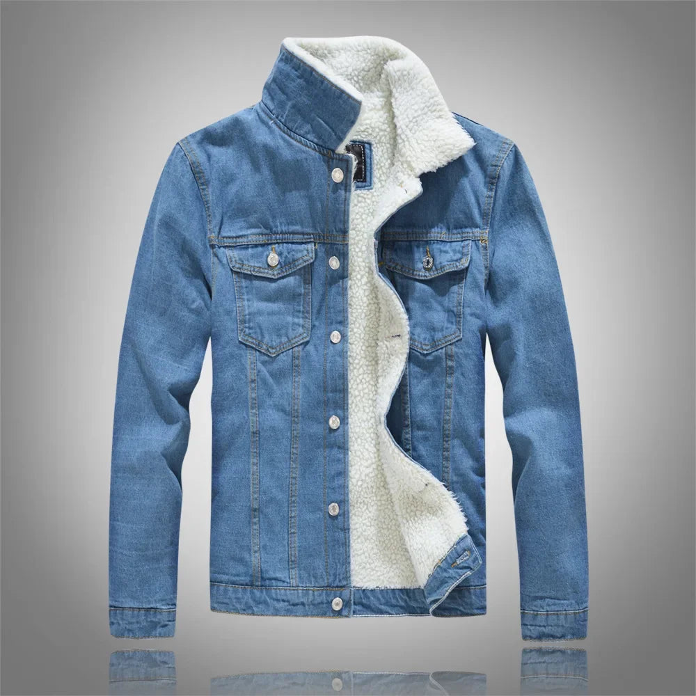 Men's Autumn Winter Solid Casual Jacket Denim Jacket Male Thickened Lamb Fleece Lined Warm Coats for Men Plus Size S-6XL