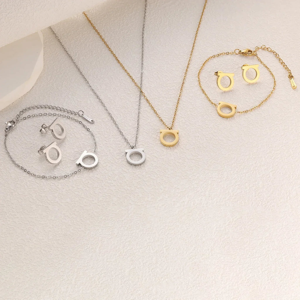 Titanium Steel Minimalist D-Shaped Necklace Bracelet Earrings Set, Plated Women's Collarbone Chain, Personalized Trendy Style