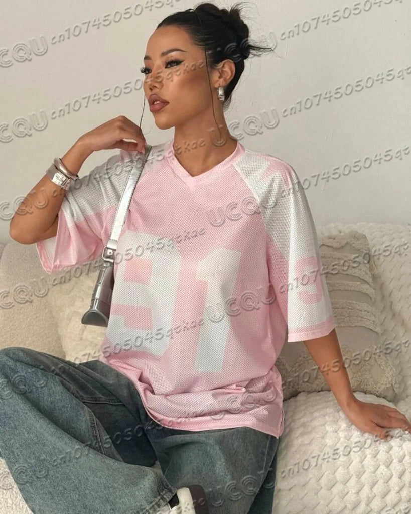 Oversized T-shirt For Women V-Neck Short Sleeve Summer Patchwork Speed 91 Printed Streetwear Tops Casual Football Jersey Y2k Tee