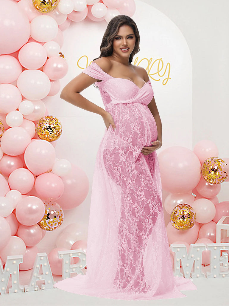 Maternity Summer Lace Sexy Long Dress Off-Shoulder High Waist Slit For PhotoShoot Baby Shower Pregnancy Women Bohemian Gown