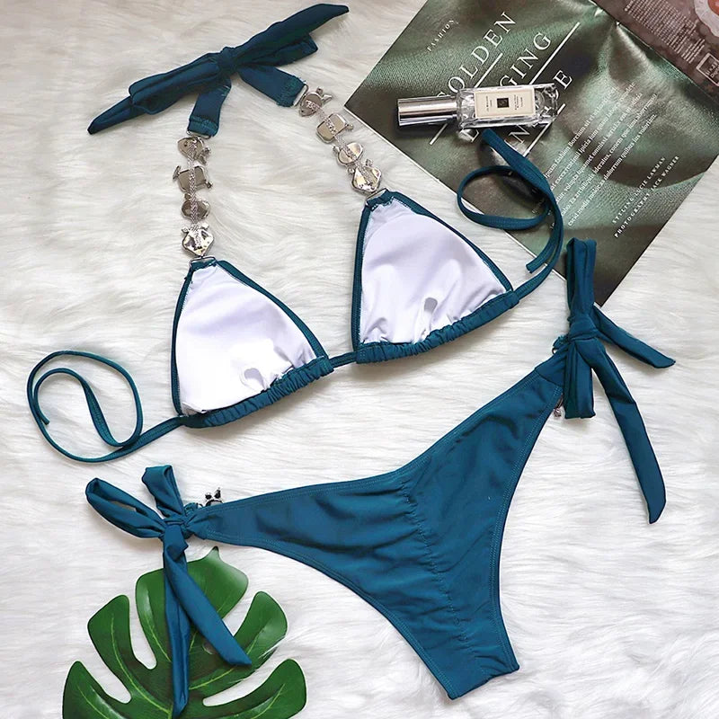 Women’s 2026 Rhinestone Diamond Bikini – Halter Chain Two‑Piece Swimsuit, Sexy Shiny Brazilian Swimwear