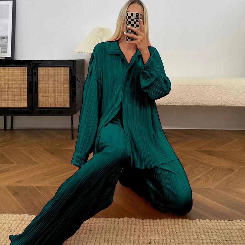 CM.YAYA Street Women's Set Long Sleeve Shirt Tops and Wide Leg Pants Elegant Tracksuit Two Piece Set Sweatsuit Fitness Outfits