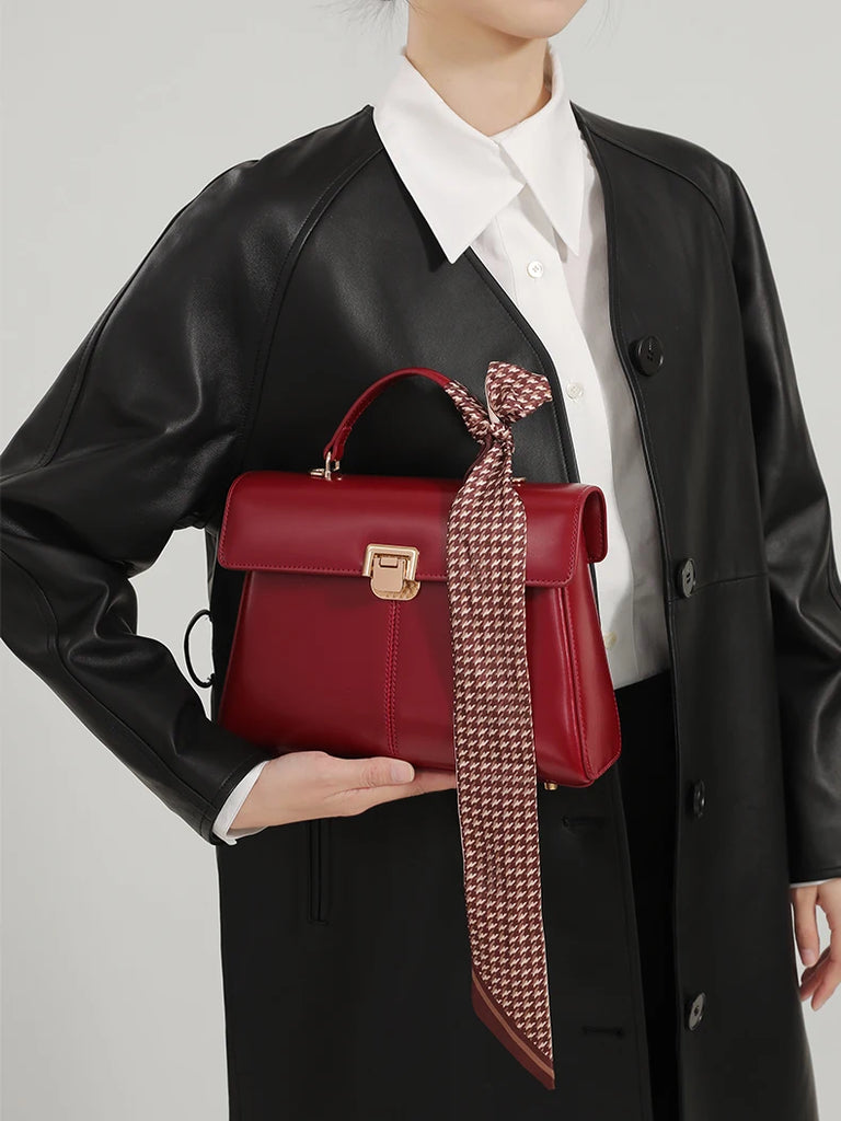 ITAMOOD Genuine Leather Handbag with Scarf | Luxury Designer Trendy Shoulder Bag Solid Color Commuting Bag | bags for women gift