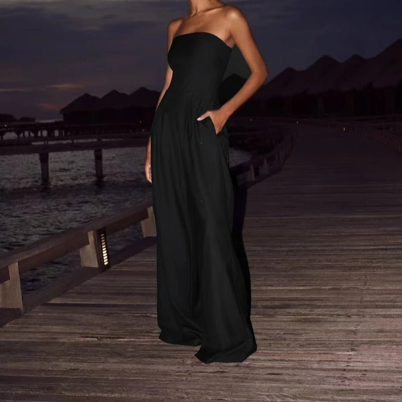 Solid Backless Women's Jumpsuit Solid Off Shoulder Waist Cinching Pockets Wide Leg Pants Lady Bodysuit Summer Female Outwears