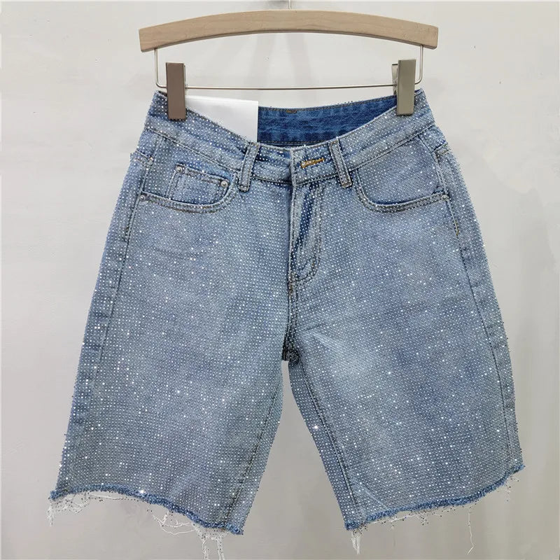 Women Starry Diamonds Denim Shorts Straight Legs Rhinestones Jeans Pants Spring Summer High Waisted Crystal Cowboy Trousers