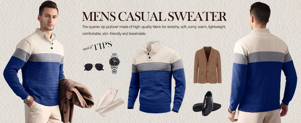 Men’s Tri‑Button Mock Neck Sweater