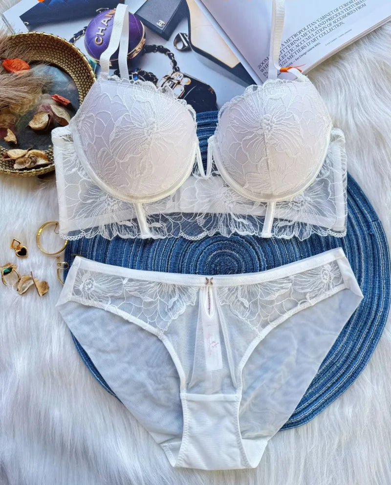 Big Size 70-85 BCD 2025 New Embroidery Deep-V Neck Lingerie For Women Sexy Underwear Thin Thicken Push Up Female Bra Pants Sets