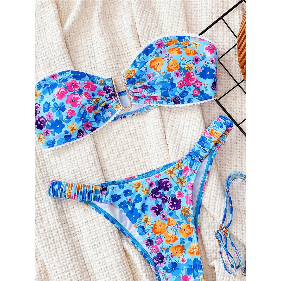 U‑Neck Floral Wrinkled Bikini