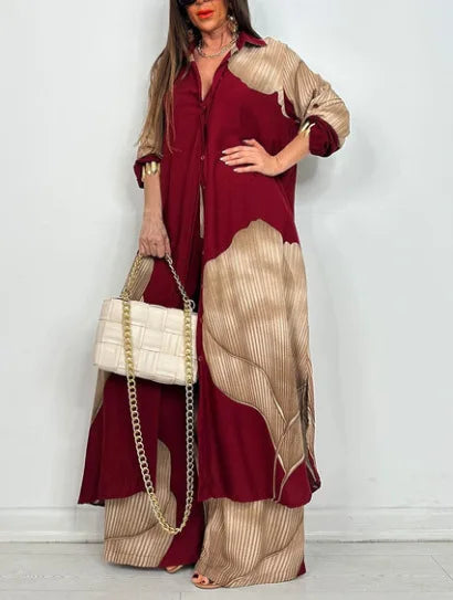 Spring Summer Elegant Lady Set Fashion Printed Long Shirt Top + Wide Leg Pants 2-piece Outfit  Casual Loose Oversized Women Sets