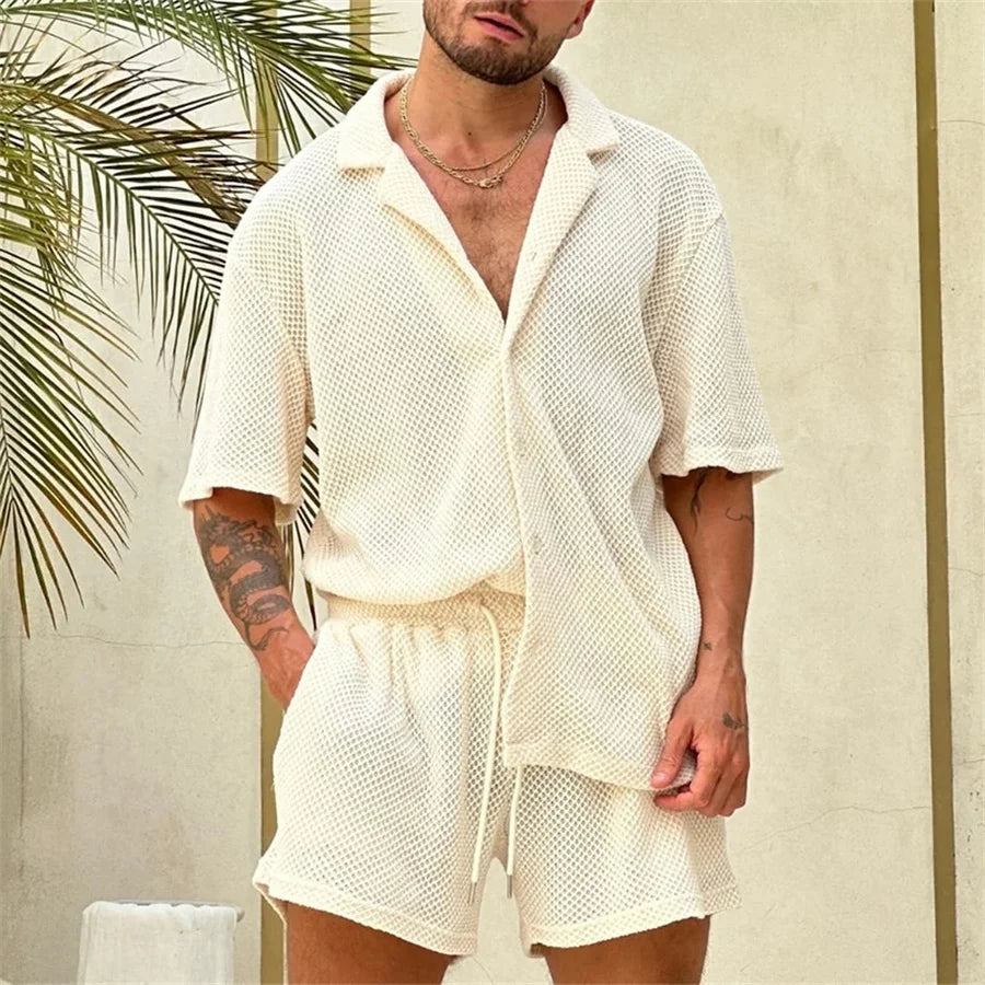 Breathable Knitted Men‘s Shorts Set Summer Casual Short Sleeve Shirt and Shorts Two Piece Suits Men Outfits Sports Clothes