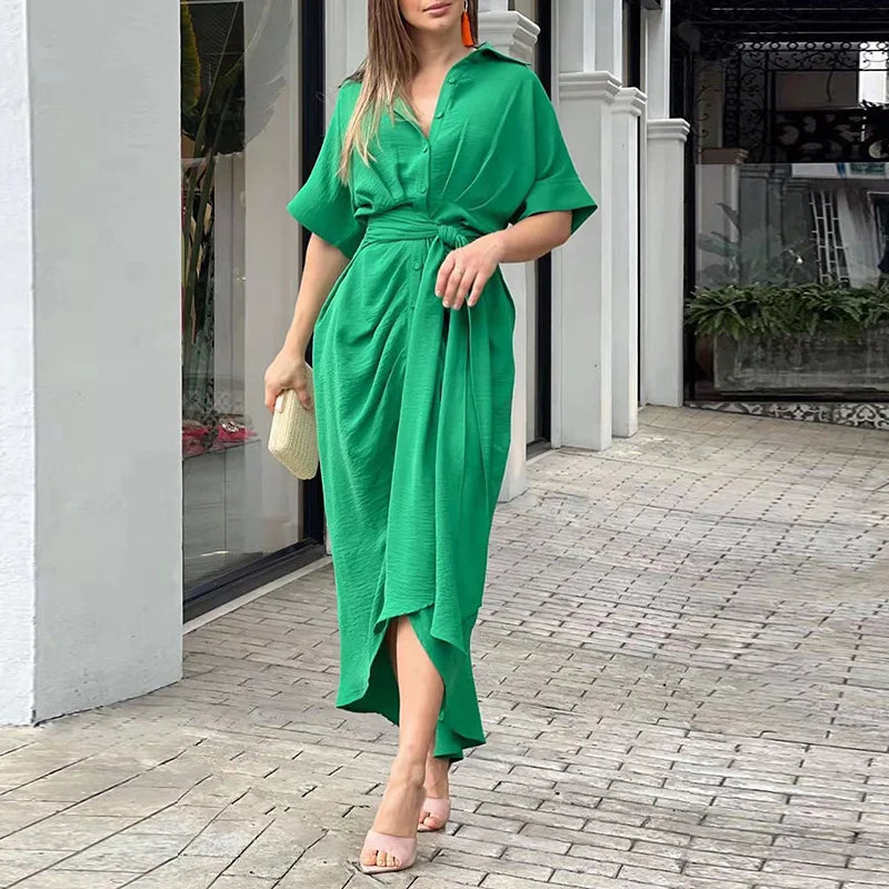 New 2025 Spring Summer Bohemia Shirt Print Dresses Women Turn-down Collar Sashes Long Dress Casual Party Oversized Loose Dress